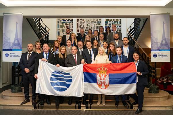 Serbias delegation received the BIE flag following the Recognition of Specialised Expo 2027 Belgrade